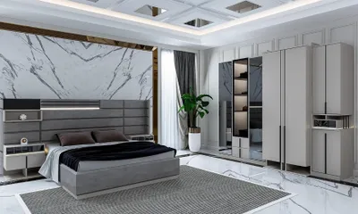 Image de Chambre à coucher design moderne, dans les tons gris, avec éclairage LED et éléments en verre
