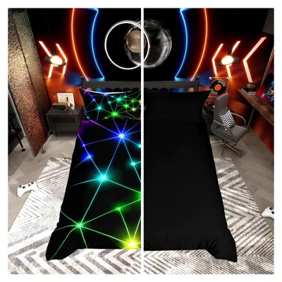 Produktbild von Neon Geometrische Bettwäsche 155x220cm Retro Dreiecks Muster Bettbezug Abstrakter Strahlen Druck Bettwäscheset für Teenager Jungen Mädchen Wendbares Schwarzes Mikrofaser Kinderzimmerdekor