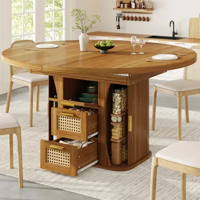 Produktbild von okwish Ausziehbarer Esstisch mit Rattan-Schublade,abgerundetes Design, Küchentisch mit Stauraum, Holzoptik,Eiche