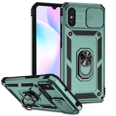 Immagine prodotto di Custodia per Xiaomi Redmi 9A a doppio strato con copertura scorrevole della fotocamera e supporto ad anello verde