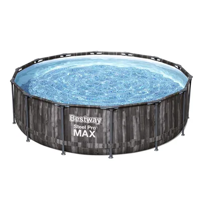 A round above-ground swimming pool filled with water, set against a white background.