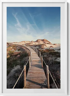 Produktbild von Sommerlandschaft und Holzstraße– Wandbild mit Rahmen – Gerahmtes Bild  – Wanddekoration – 70x100 cm –  Weiß Rahmen