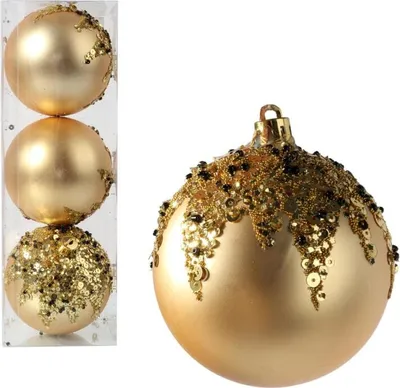 Image de Lot de 3 boules de Noël en plastique dorées de 8 cm avec des paillettes