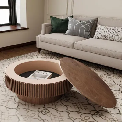 Immagine prodotto di Tavolino rotondo - Tavolino ausiliario con spazio contenitivo - 75 cm - Design rotondo - Realizzato in legno massello e MDF - Ideale per il soggiorno - Finitura noce