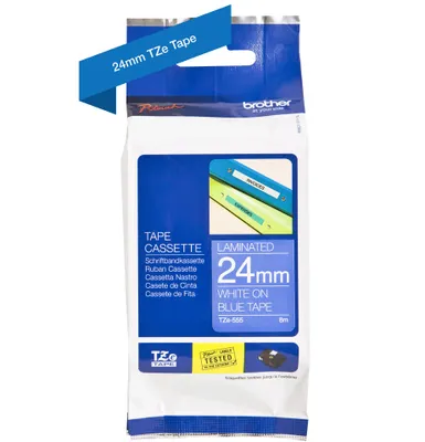 Immagine prodotto di Brother TZ555 - Laminiertes Band - weiß auf blau - Rolle (2,4 cm x 8 m) (TZ-555)