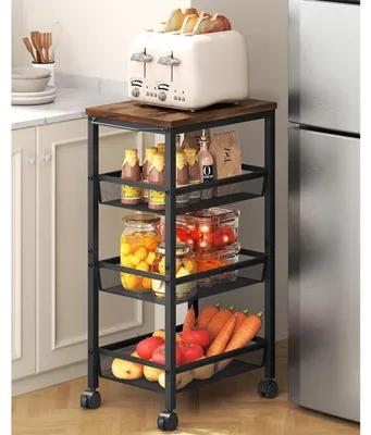 Image de Chariot de cuisine à 4 niveaux, équipé de roulettes et d'une poignée, chariot étroit avec structure métallique, couleur noire et marron