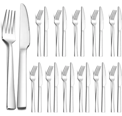 Immagine prodotto di Set di posate per bistecca, 24 pezzi, acciaio inossidabile: 12 coltelli, 12 forchette, manico quadrato, finitura lucida, lavabile in lavastoviglie
