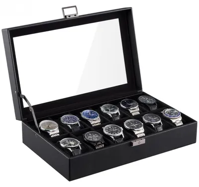 Image de Boîte à montres avec 12 compartiments, en similicuir, avec couvercle en verre, noire