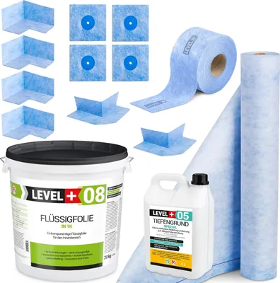 Immagine prodotto di Kit di impermeabilizzazione Foglio liquido 20 kg Nastro sigillante 20 mb Primer 5 l Mat 2 mb Level+ SET45