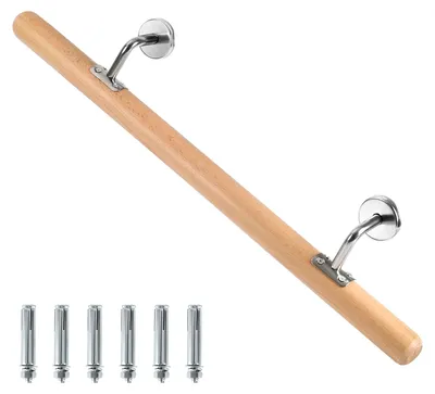 Zdjęcie produktu dla Poręcz Peviasot Buchenholz, 50 cm, solidna poręcz drewniana z uchwytami ściennymi ze stali nierdzewnej, średnica 4,2 cm, lakierowana, przeznaczona do schodów, korytarza, łazienki, tarasu