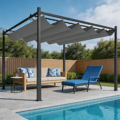 Obrázek produktu pro Samostatně stojící pergola 3 x 3 m s posuvnou střechou, zastřešení terasy s magnetickým upevněním, kovový rám, sloupky 8 cm, odolné proti UV záření, šedá