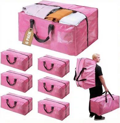 Productafbeelding van Verhuiszakken - Set van 6 - Extra groot 83L opbergzakken met rits & versterkte - Kleding - Beddengoed - Roze
