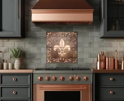 Zdjęcie produktu dla CopperAndCraft, zestaw miedzianych płytek ściennych 4 sztuki, motyw Fleur-de-Lis, 60×60 cm, brązowa patyna, ręcznie robione, metalowa dekoracja, kuchnia, łazienka, ściana