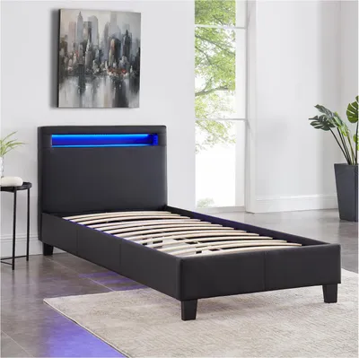 Produktbild von Polsterbett MANDALAY mit LED Beleuchtung Einzelbett Lederbett 90 x 200 cm mit Lattenrahmen, Kunstleder in schwarz