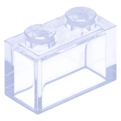 A single, transparent Lego brick is shown against a white background.