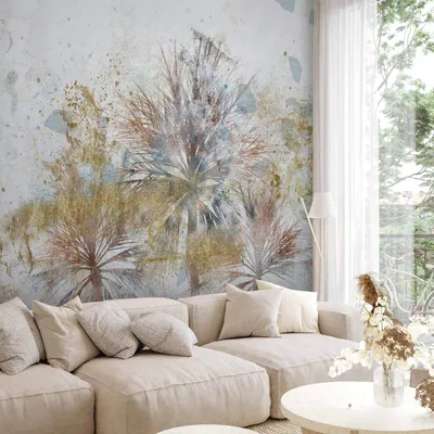 Produktbild von Vlies Fototapete - Grey palms - plant motif in an abstract composition with patterns 150x105 cm Blätter b-A-10147-a-a