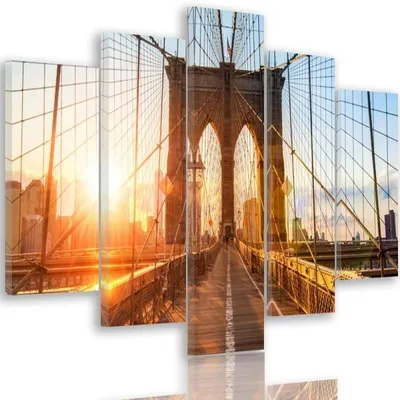 Produktbild von 5-teiliges leinwandbild sonnenaufgang auf einer brücke 150x100 cm Feeby orange wandbild bereit zum aufhängen