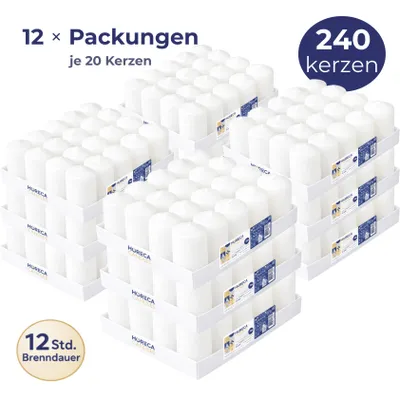 Produktbild von HORECA CANDLES Stumpenkerzen Weiß 240er Set Ø 4x7 cm – 12h Brenndauer – Raucharm & Tropffrei – Blockkerzen für Gastronomie, Events & Haushalt