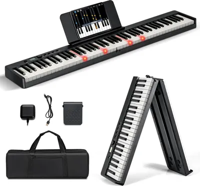 Produktbild von COSTWAY Klappbares E-Keyboard mit 88 beleuchteten Tasten in voller Größe, verbesserte Holzmaserung, Split-Funktion, 2 Lehrmodi, Digitalpiano mit dualer drahtloser Verbindung, MP3/USB/MIDI, Schwarz