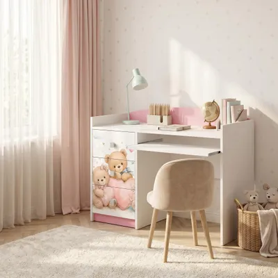 Produktbild von Schreibtisch Rosa für Kinder mit Motiv, Jugendschreibtisch Schülerschreibtisch mit viel Stauraum, PC-Tisch Lerntisch für Mädchen