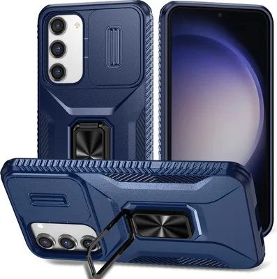 Immagine prodotto di Custodia a doppio strato per Samsung Galaxy S23+ custodia di protezione militare con protezione fotocamera scorrevole e supporto/supporto ad anello blu