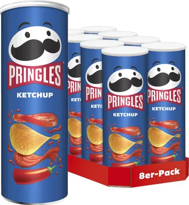 Produktbild von Pringles Ketchup (8 x 165 g) – der unwiderstehliche Snack-Klassiker in der praktischen Dose – knackige Chips mit Ketchup-Geschmack – Pop. Play. Eat.