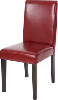 A red dining chair with dark legs is shown against a white background.