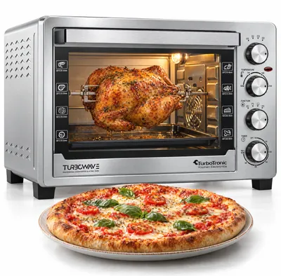 Produktbild von TurboTronic Minibackofen – EVS45 – 45 l, 2000 W, Umluft, Drehspieß, Edelstahl, 2 Backbleche, Timer, Innenbeleuchtung, kompakter Tisch- und Pizzaofen