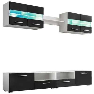 A modern TV stand and wall-mounted cabinets with LED lighting.
