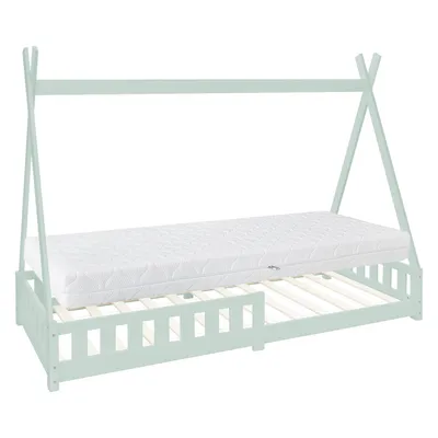 Produktbild von ML-Design Kinderbett Tipi 90x200 cm mit Matratze, Rausfallschutz und Lattenrost, aus Kiefernholz, Minzegrün, Hausbett mit Zaun Bodenbett Holzbett