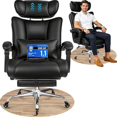 Imagen del producto de Silla de oficina, capacidad de 220 kg, tapizada en cuero sintético (PU), con reposacabezas y reposapiés