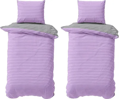 Produktbild von Baumwolle Bettwäsche 155x220 cm Lila Grau gestreift Stripe Damast Bettbezug PolyBaumwolle Wendebettwäsche 4 teilig