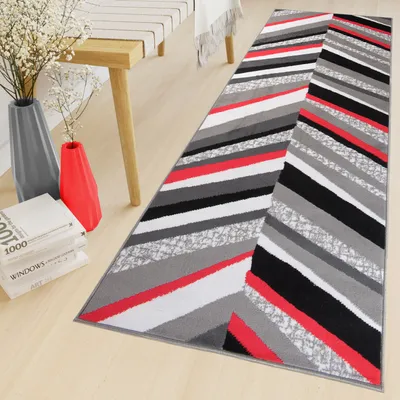 Produktbild von Läufer Teppich Meterware Flur Brücke Wohnzimmer Schlafzimmer Kurzflor Modern Design Meliert Grau Rot  100 x 530