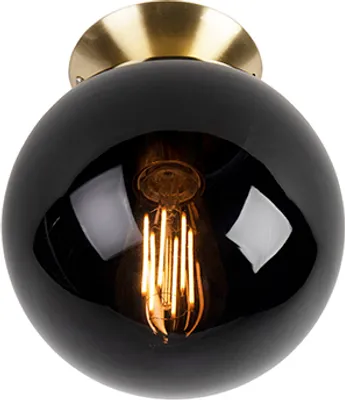 A close-up studio shot of a black glass globe ceiling light with a brass fixture.