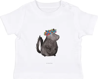 Produktbild von Mr. & Mrs. Panda  T-Shirt Stinktier Mädchen 6. - 12. Monat - Weiß - Geschenk, Babyshirt, Wildtier, Skunk, Raubtier, Kinder Oberteil, Baby Jerseyshirt, Yoga, Top
