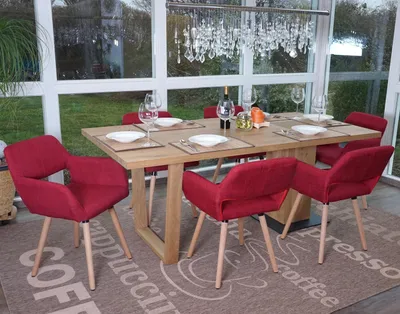 Produktbild von 6er-Set Esszimmerstuhl HWC-A50 II, Stuhl Küchenstuhl, Retro 50er Jahre Design  Textil, purpurrot, helle Beine