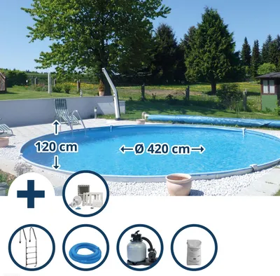 Produktbild von Stahlwandpool Set (6-teilig) tief rund Bali 420x120 cm, Stahl 0,6 mm weiß Folie 0,6 mm blau, Einhängebiese