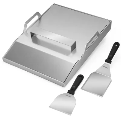 Zdjęcie produktu dla Zestaw do grillowania, płyta grillowa ze stali nierdzewnej, wymiary 40 x 30 cm, grubość 4 mm, z pokrywą i 2 łopatkami, przeznaczona do grilla gazowego
