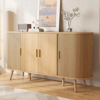 Produktbild von STILVORA Sideboard mit Schiebetüren und Rillenverkleidung, Kommode für Esszimmer und Flur,Aufbewahrungsschrank mit gebogenem Design und Metallgriffen