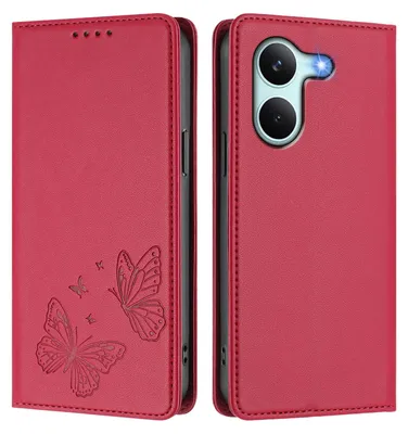 Image de Étui en cuir pour Xiaomi Poco X8 Pro/Redmi Turbo 5, étui de protection type portefeuille en cuir gaufré motif papillon avec support, rouge