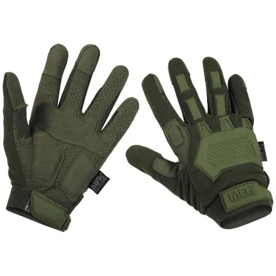 A pair of green tactical gloves shown against a white background.