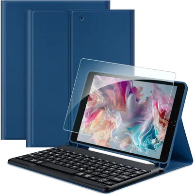 Obrázek produktu pro Obal na klávesnici pro iPad 10,2 palce, generace 9./8./7. s ochrannou fólií, rozložení QWERTZ (německé), barva: mořská modř