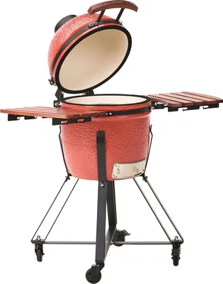 Produktbild von BELIANI Holzkohlegrill Rot aus Keramik Kamado Stil auf Rollen mit Deckel Thermometer Grillrost Outdoor BBQ Gartenzubehör Standgrill