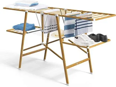 Obrázek produktu pro Sušák na prádlo z 20 mm nerezové oceli – design imitující dřevo – sklopná přihrádka