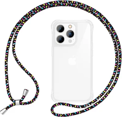 Image de Étui avec chaîne pour iPhone 14 Pro - Étui transparent pour téléphone portable avec cordon à porter autour du cou Noir Multicolore