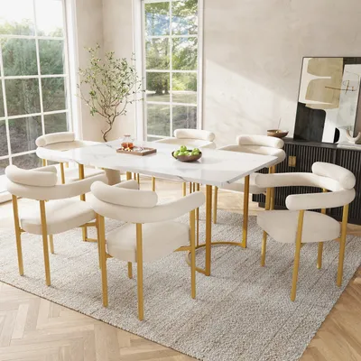 Produktbild von Flieks moderne Essgruppe, stilvoll und bequem, Esstisch mit 6 Stühlen, Sesseln aus cremefarbenem Wildlederstoff, Beige + Golden
