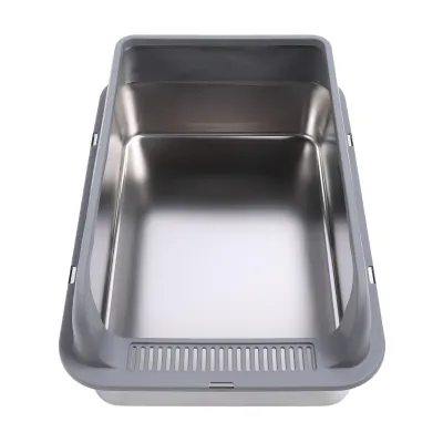 Image de Bac à litière en acier inoxydable gris foncé, semi-ouvert avec couvercle, à parois hautes et anti-odeurs, anti-éclaboussures, facile à nettoyer – pour grands chats, 50 x 35 cm