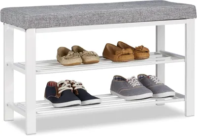 Image de Banc à chaussures - 2 niveaux - Rembourré - Métal - 50 x 81 x 32 cm - Ouvert - Rangement à chaussures - Banc - Banc d'entrée - Gris