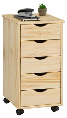 Produktbild von Rollcontainer LAGOS mit 5 Schubladen, Natur - Bürocontainer aus Massivholz, kompakte Maße, praktische Aufbewahrungslösung, robuste Verarbeitung, Rollwagen für Büro und Kinderzimmer