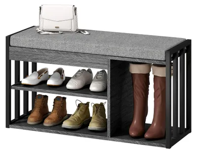 Produktbild von Schuhbank mit gepolsterter Sitzfläche und Stauraum, 3 Fächer, Flurbank für Wohnzimmer und Flur, 86 x 30 x 45,4 cm, Grau